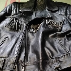 Men's Black Leather Vintage Size 42 Large Fringed Biker Jacket Cool and Rare